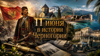 Коллаж: монастырь Морача, старая черногорская газета и ретро-автобус символизируют исторические события 11 июня в Черногории.