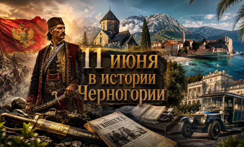 Коллаж: монастырь Морача, старая черногорская газета и ретро-автобус символизируют исторические события 11 июня в Черногории.