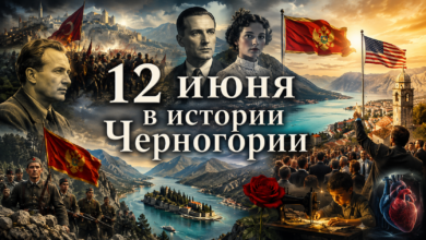 Исторический коллаж к 12 июня в Черногории: портрет Милована Джиласа, черно-белое фото югославских партизан и флаг Черногории.