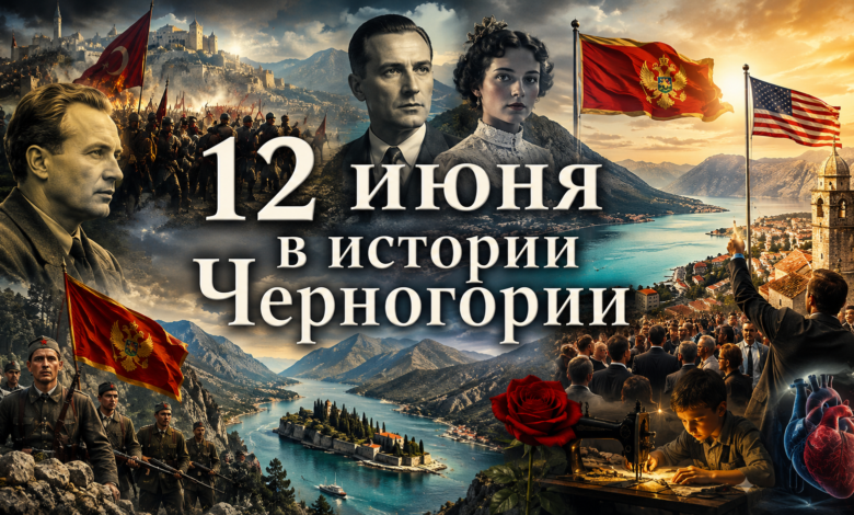 Исторический коллаж к 12 июня в Черногории: портрет Милована Джиласа, черно-белое фото югославских партизан и флаг Черногории.