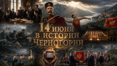 Исторический коллаж к 14 июня в Черногории: Гаагская конвенция, флаг независимой Черногории, атлет Мирко Вуячич.