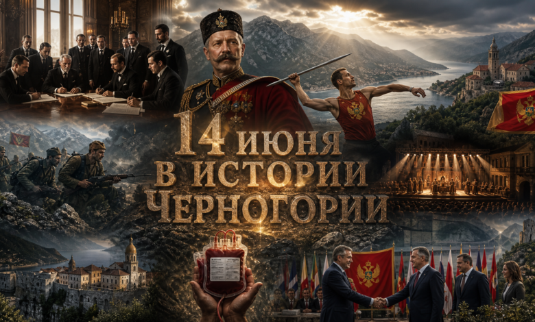 Исторический коллаж к 14 июня в Черногории: Гаагская конвенция, флаг независимой Черногории, атлет Мирко Вуячич.