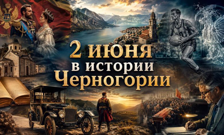 2 июня в истории Черногории и Югославии — исторический коллаж с Цетине, Петром Николаевичем Романовым, первым автомобилем, Радивоем Корачем и современной Черногорией