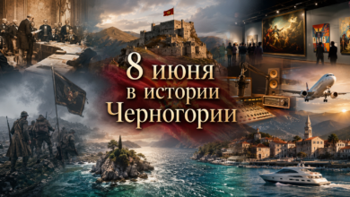 Исторический коллаж ко дню 8 июня в Черногории: фрагмент карты Берлинского конгресса и флаг Черногории.