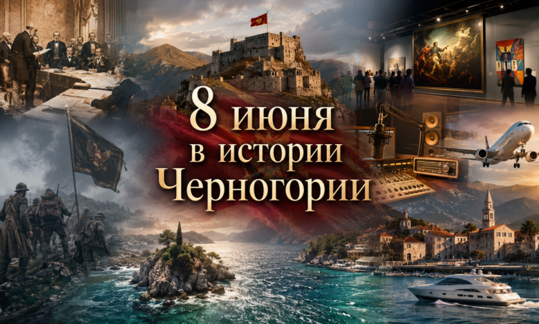 Исторический коллаж ко дню 8 июня в Черногории: фрагмент карты Берлинского конгресса и флаг Черногории.