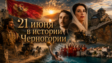История Черногории 21 июня: коллаж с дилижансом, пловцом в Ла-Манше и золотой медалью по водному поло