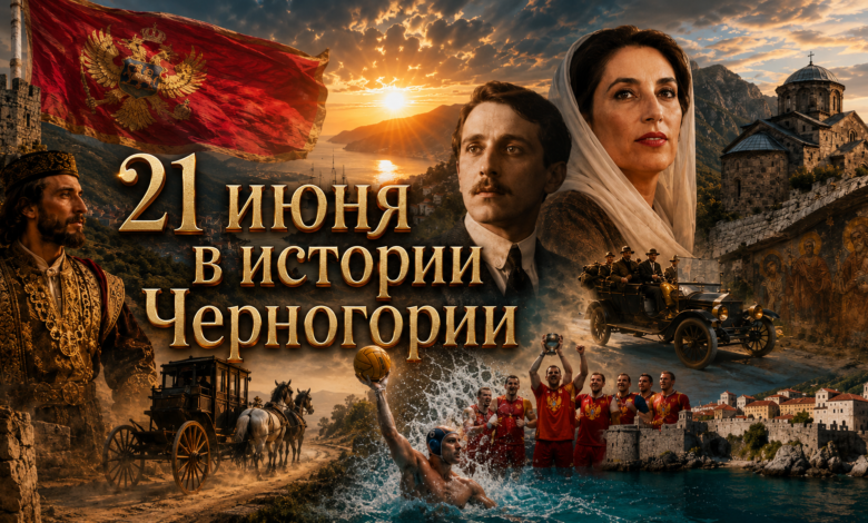 История Черногории 21 июня: коллаж с дилижансом, пловцом в Ла-Манше и золотой медалью по водному поло