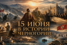 Исторический коллаж к 15 июня в Черногории: памятник битве на Сутьеске, портрет Негоша и флаг Черногории.