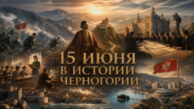 Исторический коллаж к 15 июня в Черногории: памятник битве на Сутьеске, портрет Негоша и флаг Черногории.