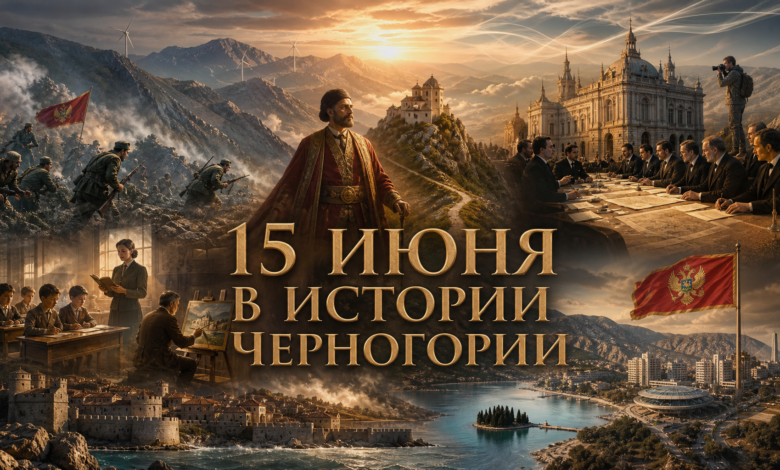 Исторический коллаж к 15 июня в Черногории: памятник битве на Сутьеске, портрет Негоша и флаг Черногории.