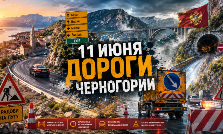 Дорожный знак о ремонтных работах на фоне живописного горного серпантина в Черногории.