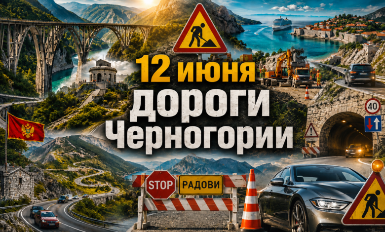 Дорожный знак "дорожные работы" на фоне горного серпантина в Черногории, иллюстрирующий ситуацию на дорогах.